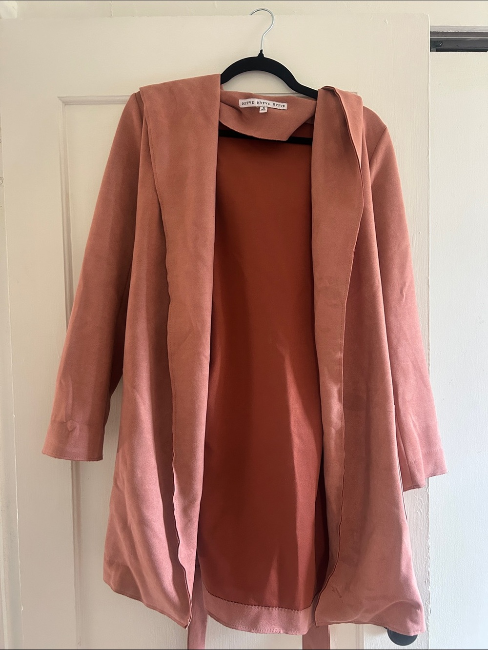 Blush Rose Long Open Front Hooded Coat with Waist Tie